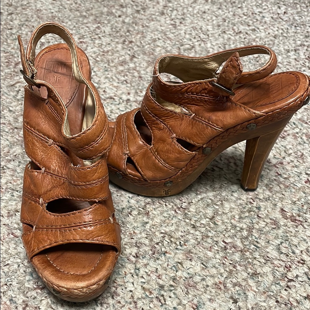Frye leather studded wood platform Women's Heels